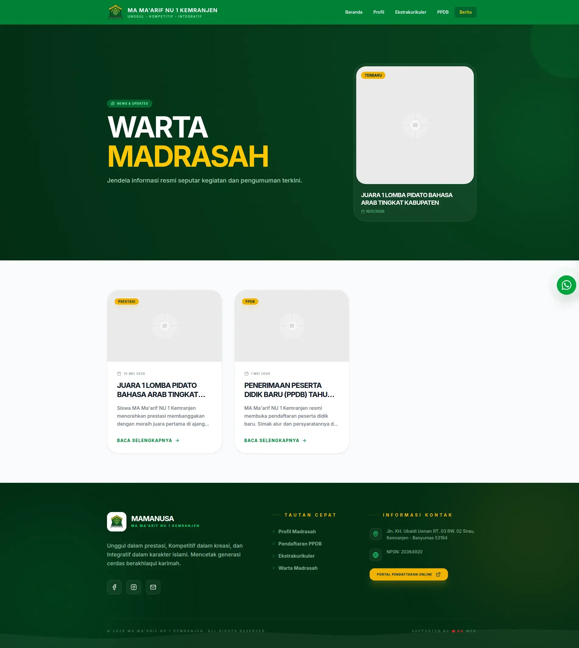 Screenshot of the MA Ma'arif NU 1 Kemranjen School Website website (4 of 7)