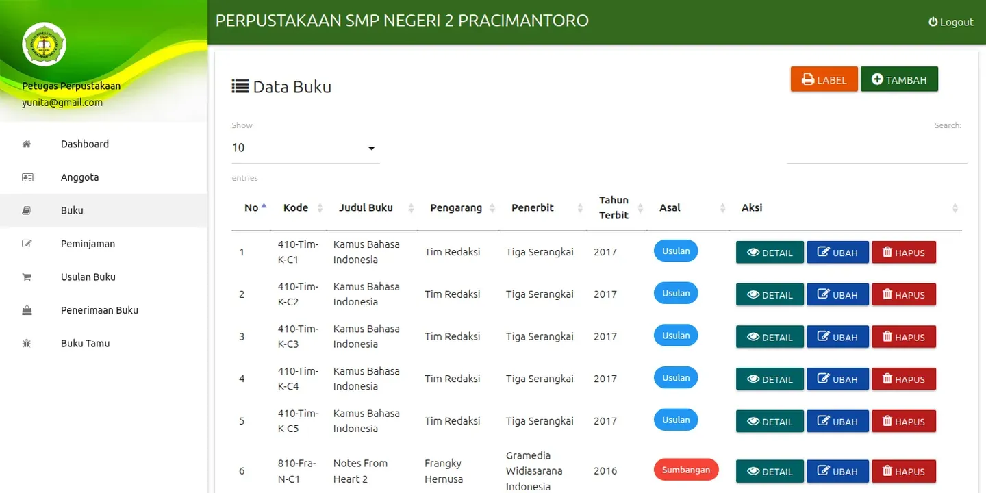 Screenshot of the SMP Negeri 2 Pracimantoro Library System website (2 of 3)