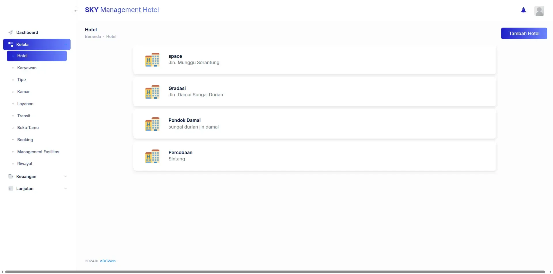 Screenshot of the Sky Management Hotel website (3 of 4)