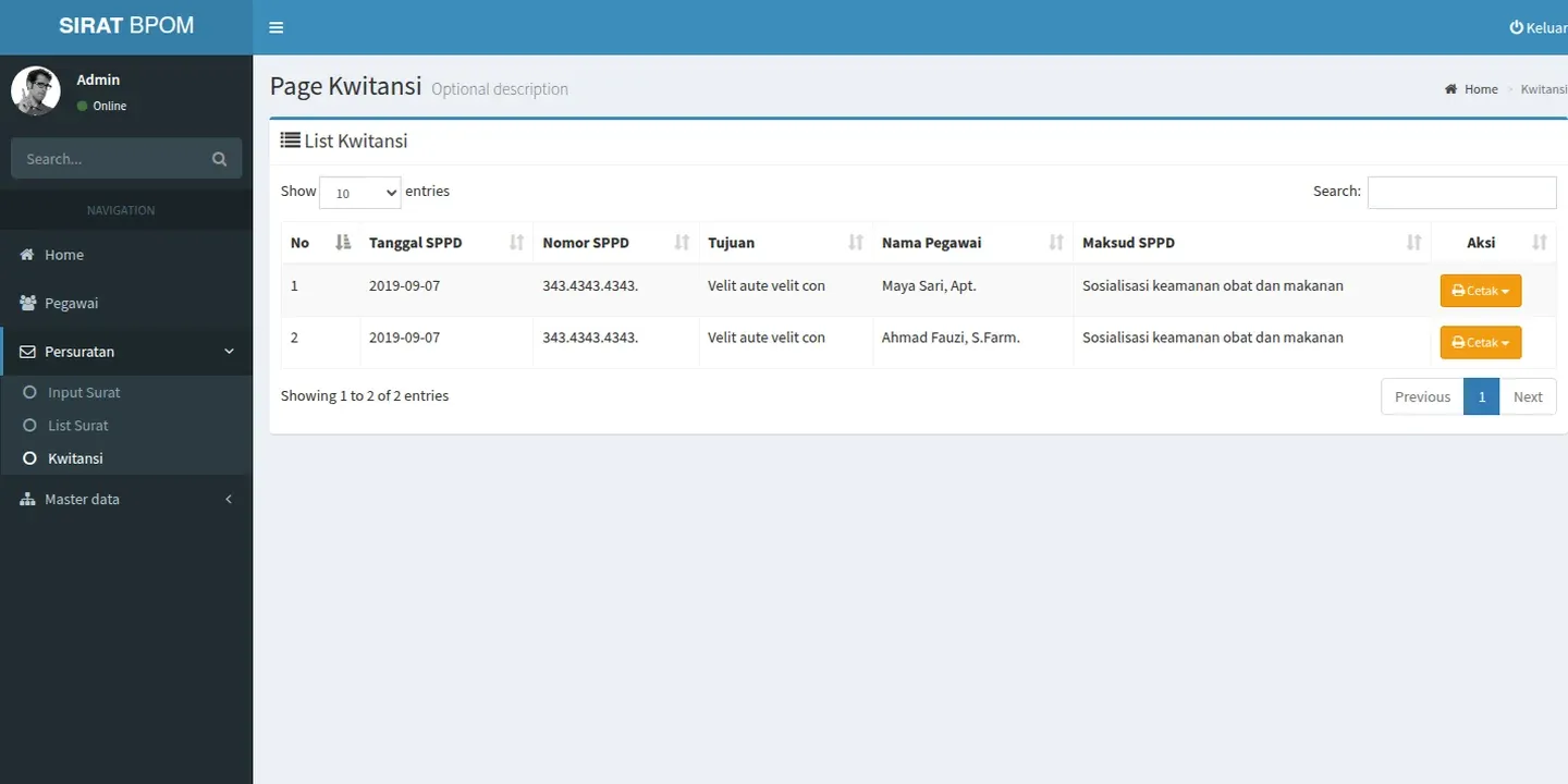 Screenshot of the BBPOM Surabaya Assignment Letter System website (3 of 3)
