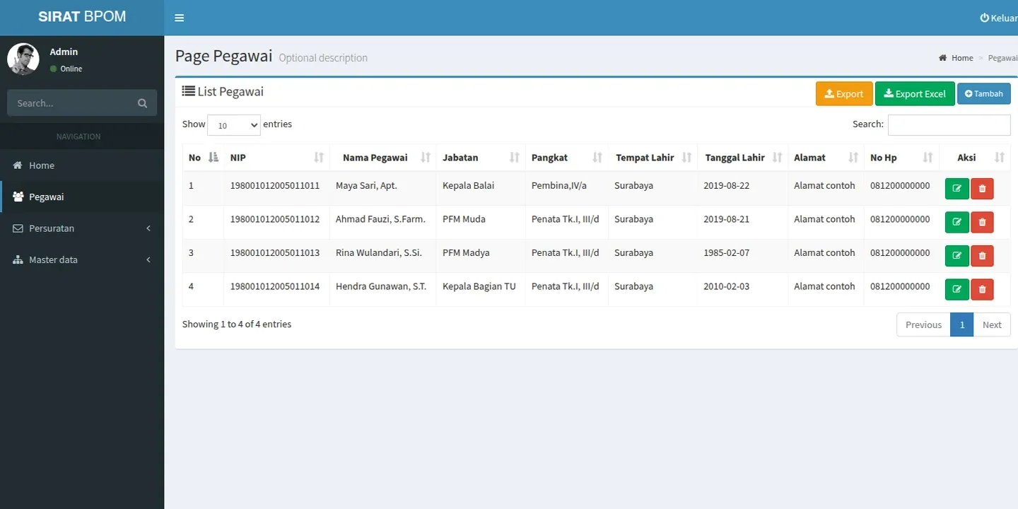 Screenshot of the BBPOM Surabaya Assignment Letter System website (2 of 3)