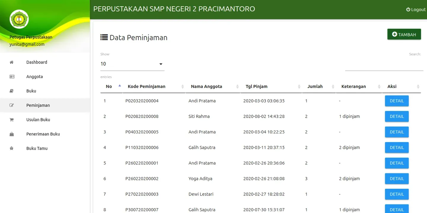 Screenshot of the SMP Negeri 2 Pracimantoro Library System website (3 of 3)