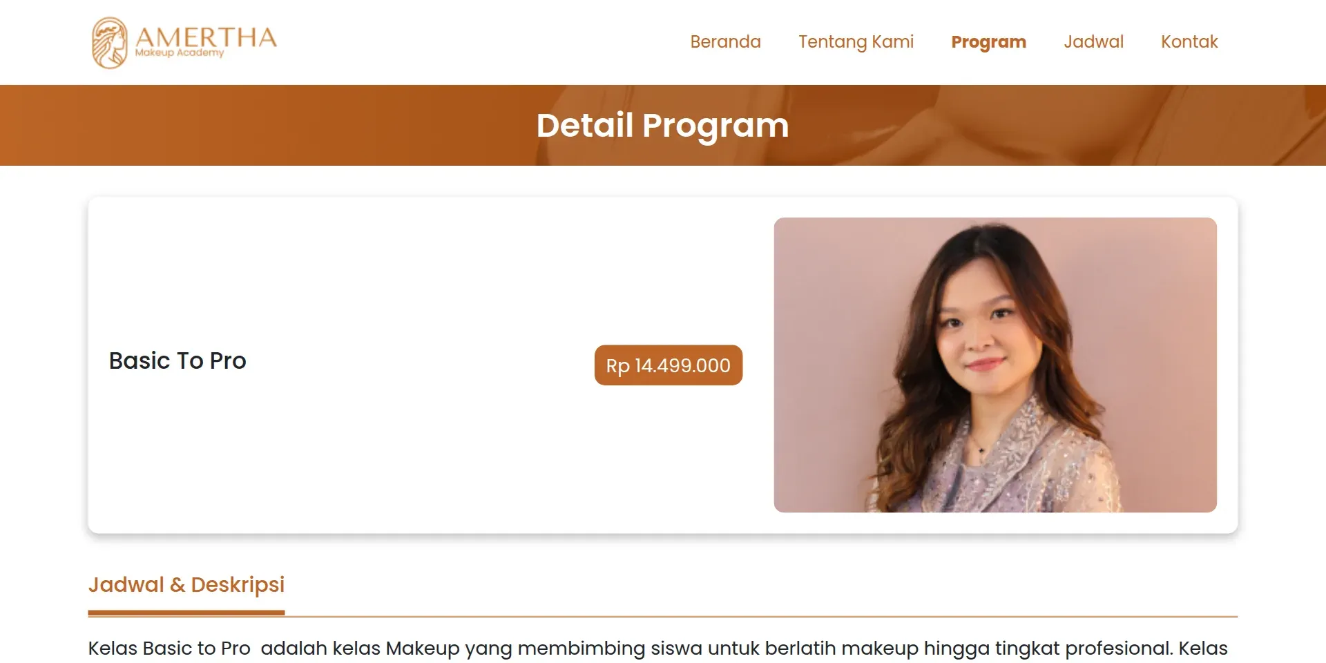 Screenshot of the Amertha Makeup Academy website (3 of 4)